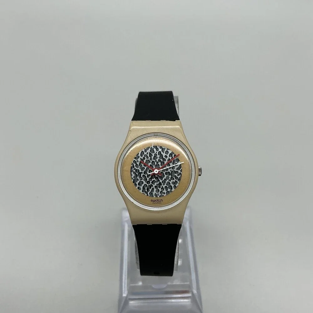 Vintage Swatch BG/BC Womens Watch 25mm Gold Tone Leopard Dial Black Band LT102